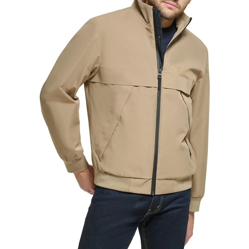 TOMMY HILFIGER Bomber Jacket Mens Large Tan Tech Water Wind Resistant Logo $175
